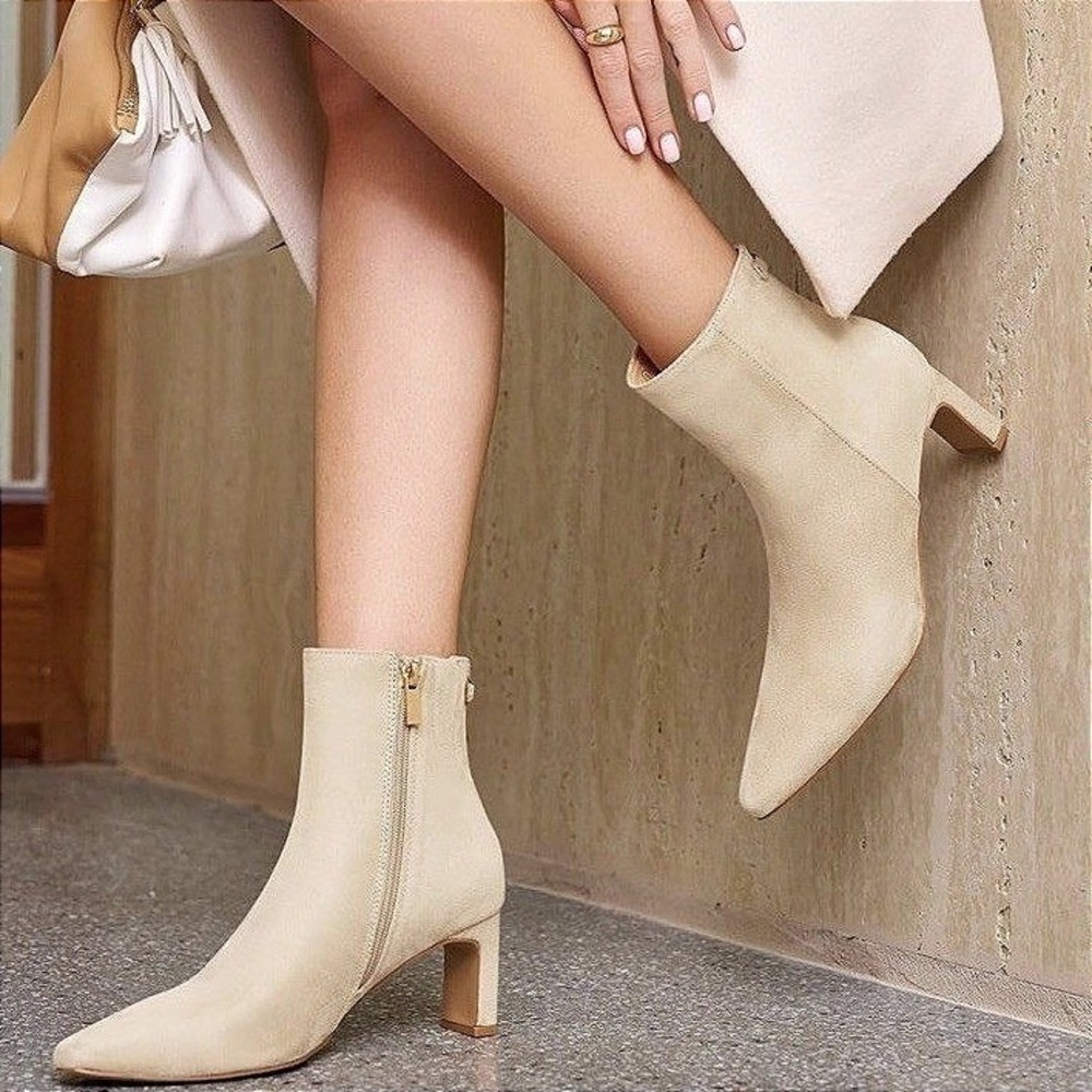 Coutgo Cream Faux Suede Pointed Toe Block Heel Ankle Boots Sz 10 Side Zip